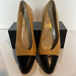 Chanel Leather Classic Pump Two Tone Vintage Beige and Black with Cap Toe.